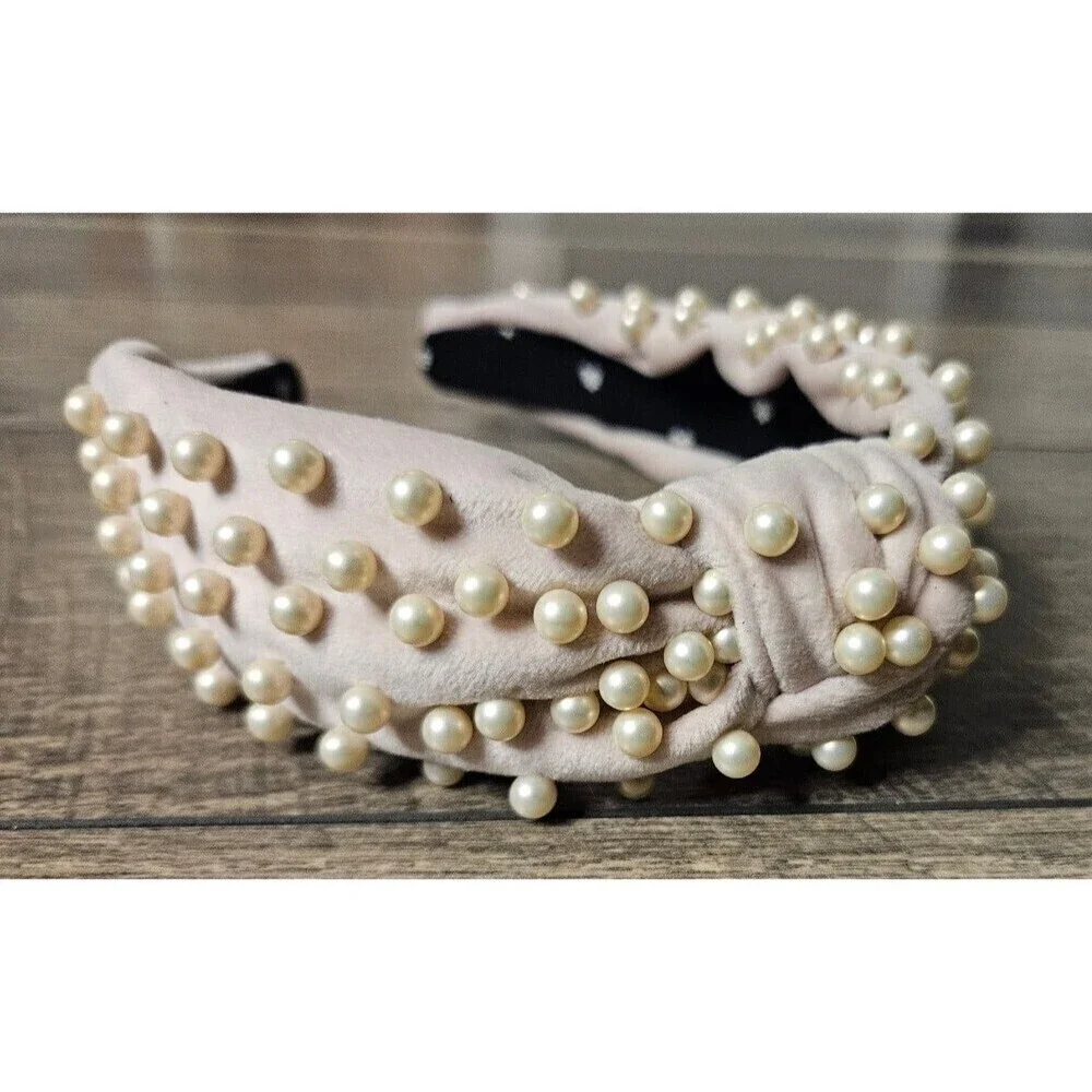 Lele Sadoughi Light Pink Pearl Velvet Headband